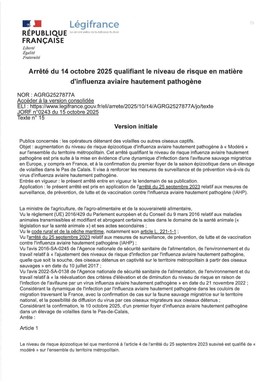 Arrêté 14 octobre 2025 - inflenza aviaire.jpg