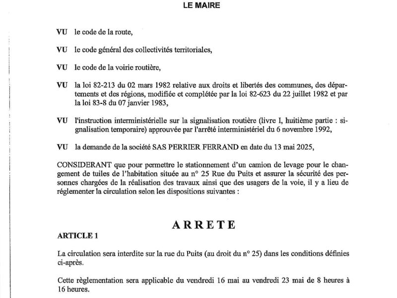 Arrêté portant réglementation de la circulation Rue du Puits du 16 au 23 mai 2025