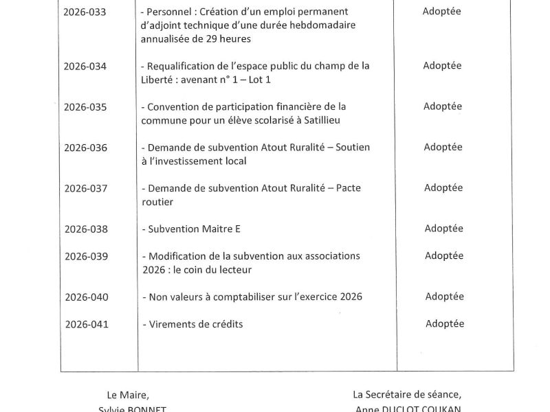 Liste des délibérations prises lors de la séance du Conseil Municipal du 2 juillet 2026