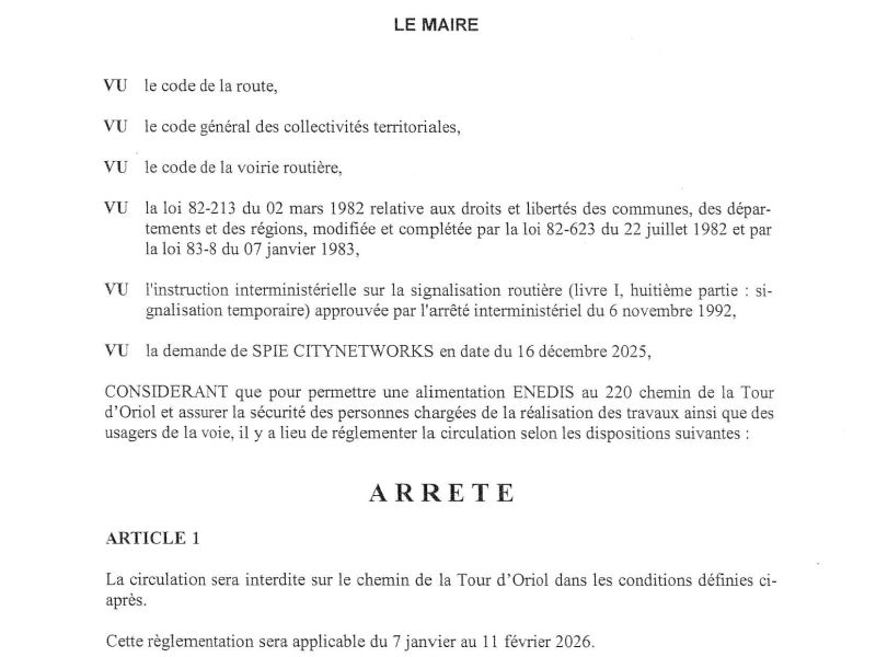 Arrêté portant réglementation de la circulation