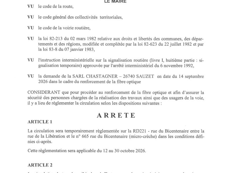 Arrêté portant réglementation de la circulation