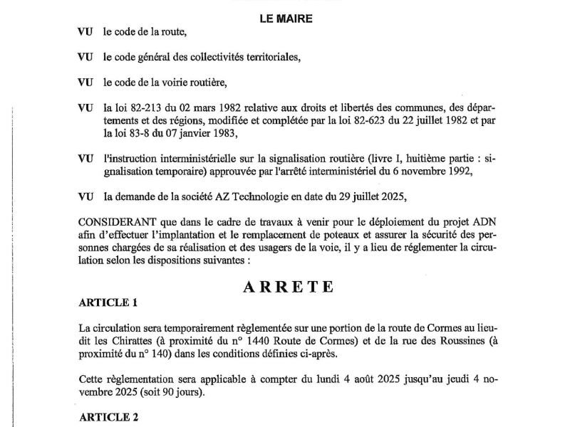 Arrêté portant réglementation de la circulation