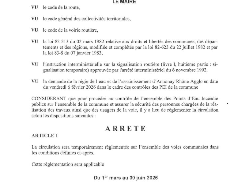 Arrêté portant réglementation de la circulation