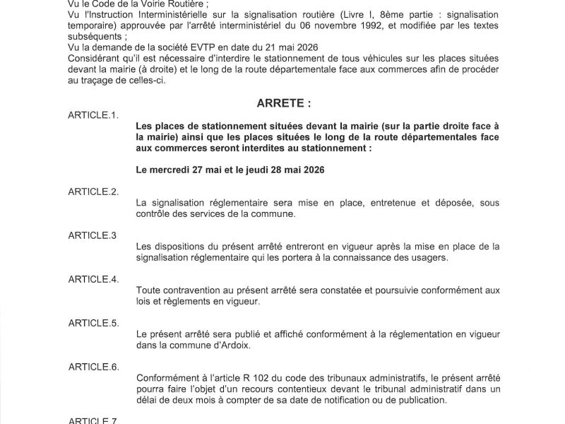 Arrêté pour stationnement interdit les 27 et 28 mai 2026