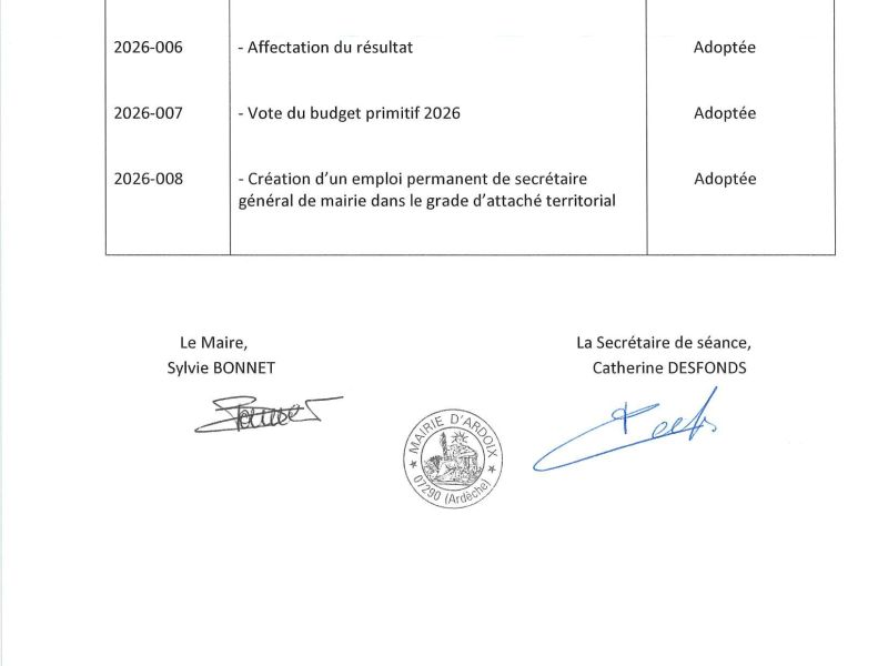 Liste des délibérations prises lors de la séance du Conseil Municipal du 5 mars 2026