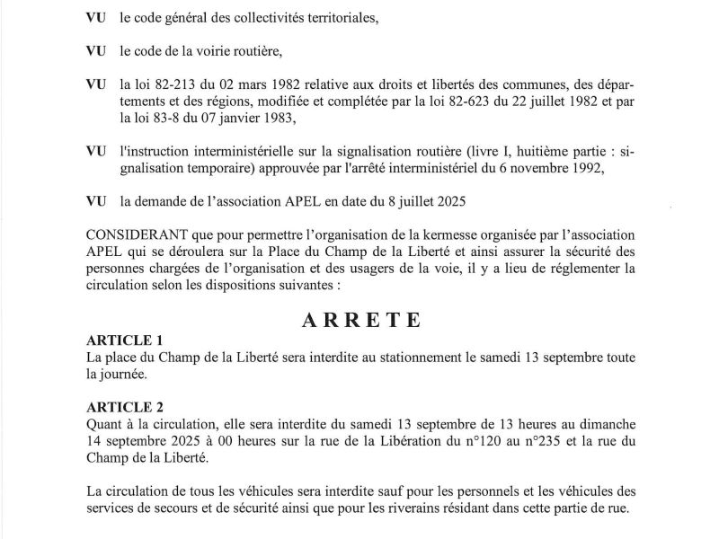 Arrêté portant réglementation de la circulation Rue de la Libération et Rue du Champ de la Liberté