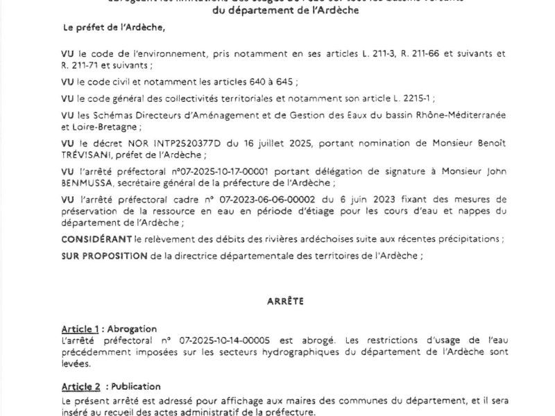 Arrêté préfectoral portant limitation des usages de l'eau
