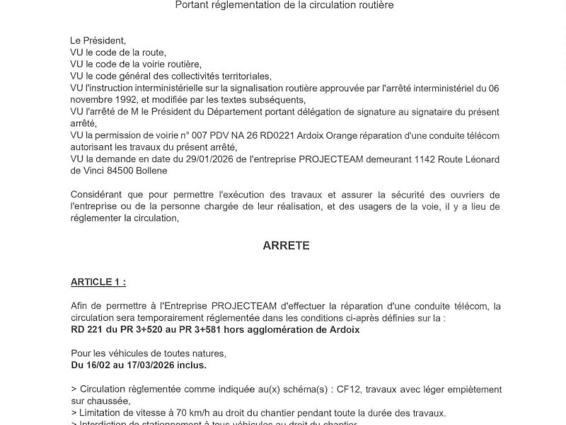 Arrêté portant réglementation de la circulation