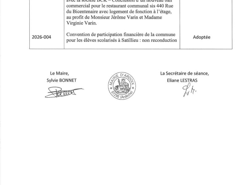 Liste des délibérations prises lors de la séance du Conseil Municipal du 25 février 2026