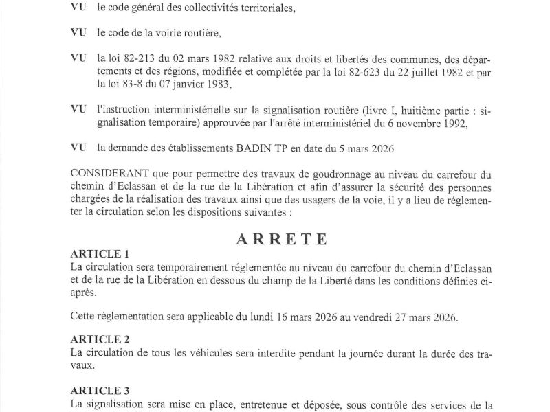 Arrêté portant réglementation de la circulation