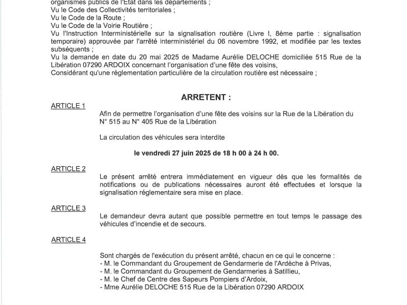 Arrêté Fête des voisins le 27 juin 2025
