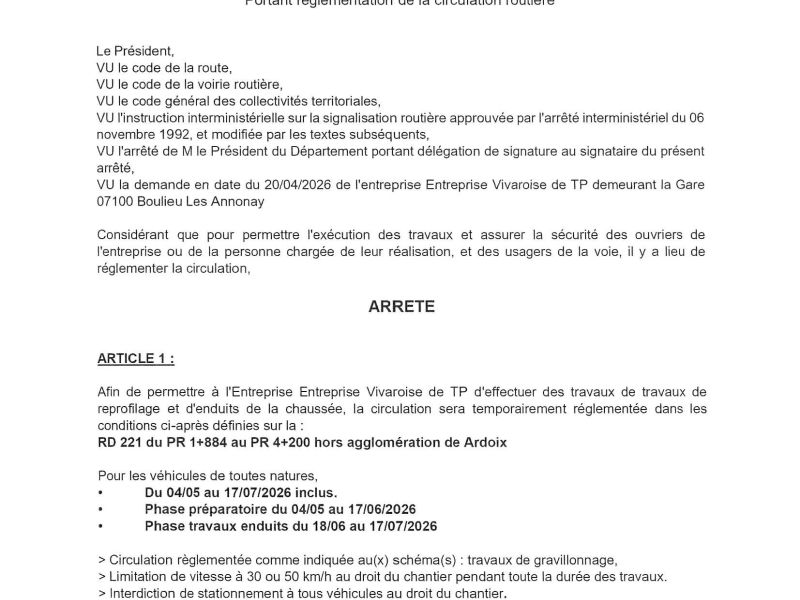Arrêté temporaire réglementant la circulation