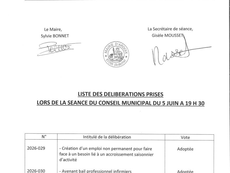 Liste des délibérations prises lors de la séance du Conseil Municipal du 5 Juin 2026