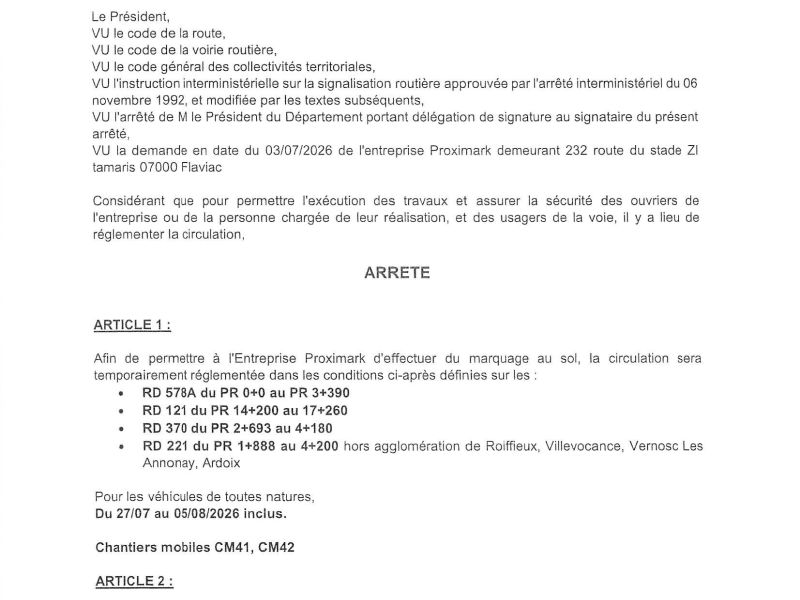 Arrêté portant réglementation de la circulation