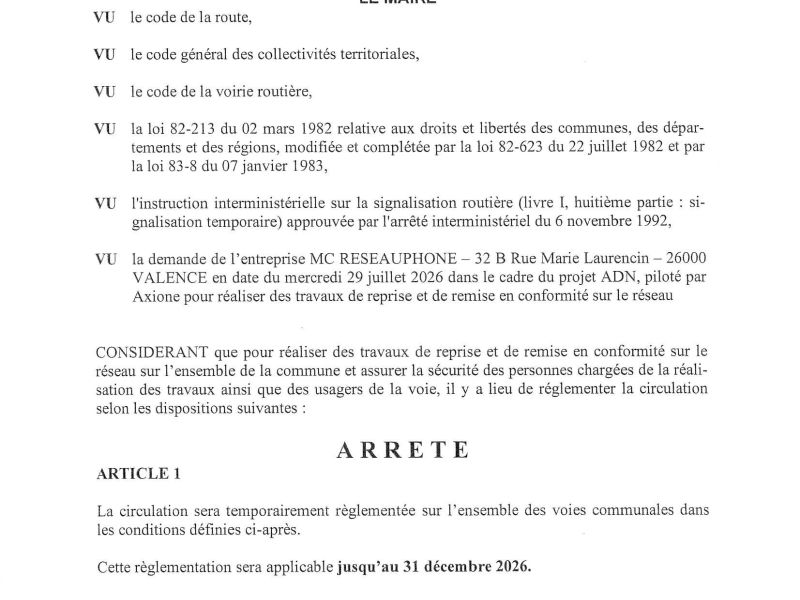 Arrêté réglementant la circulation