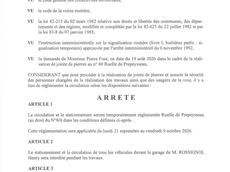 Arrêté portant réglementation de la circulation