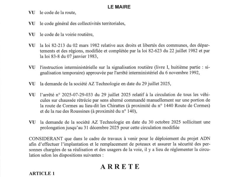 Arrêté portant réglementation de la circulation