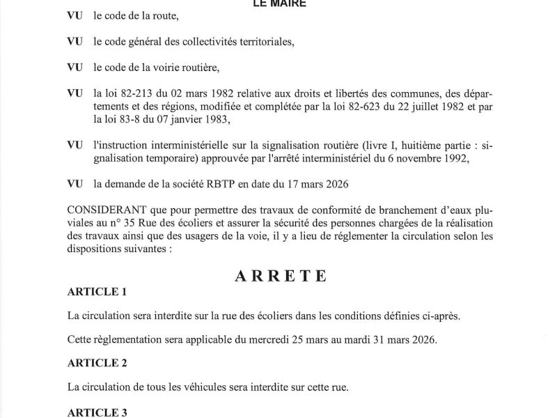 Arrêté portant réglementation de la circulation