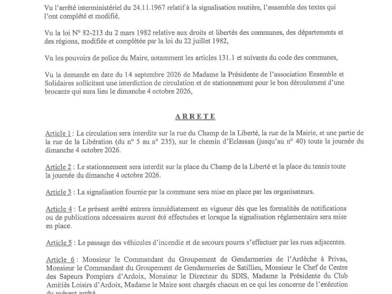 Arrêté pour le déroulement d'une brocante vide-grenier