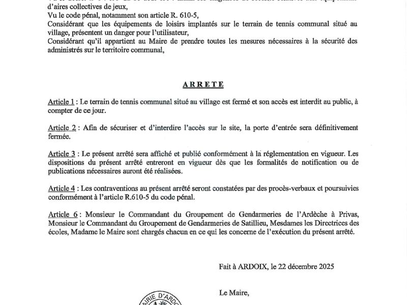 Arrêté portant fermeture temporaire du terrain de tennis