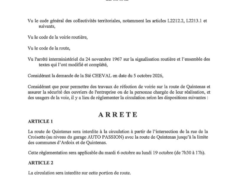 Arrêté portant réglementation de la circulation
