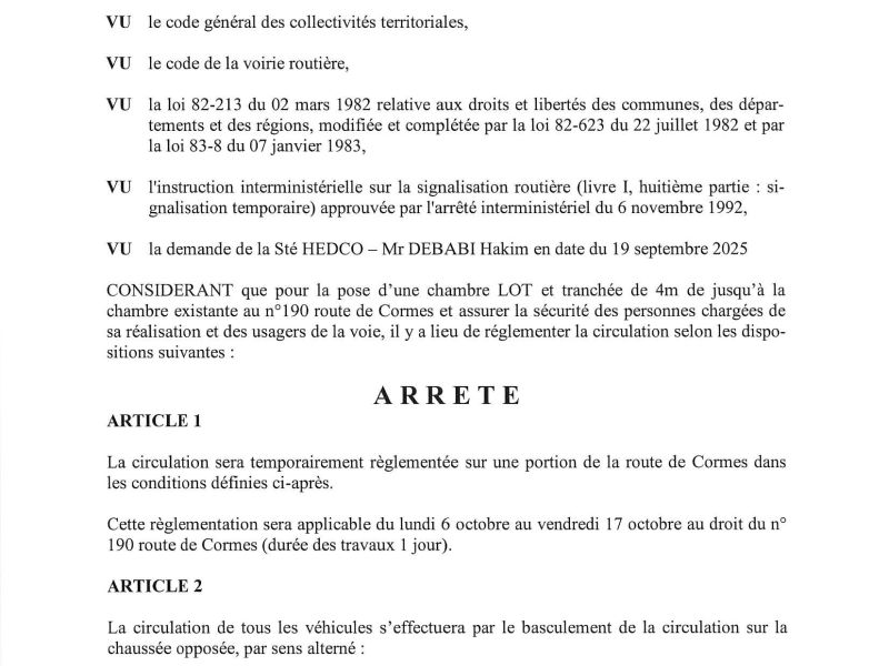 Arrêté portant règlementation de la circulation