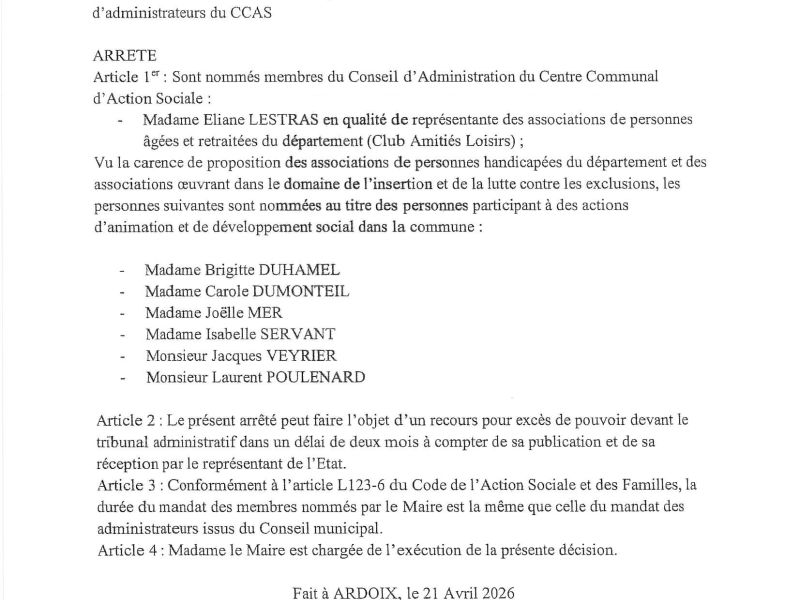 Arrêté portant nomination des membres du Conseil d'Administration du CCAS