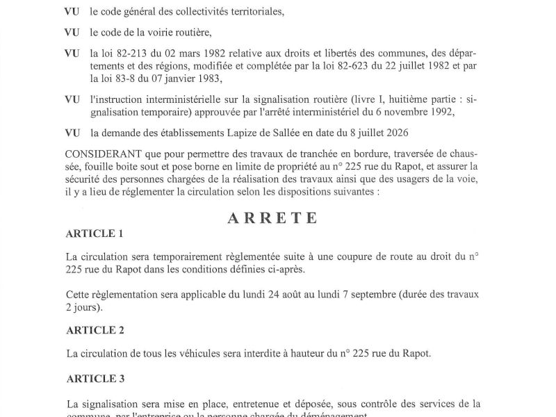 Arrêté portant réglementation de la circulation