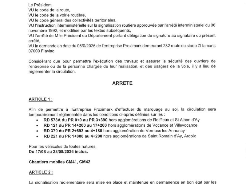Arrêté portant réglementation de la circulation