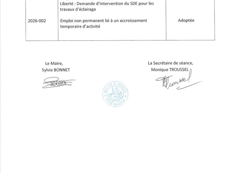 Liste des délibérations prises lors de la séance du Conseil Municipal du 29 janvier 2026
