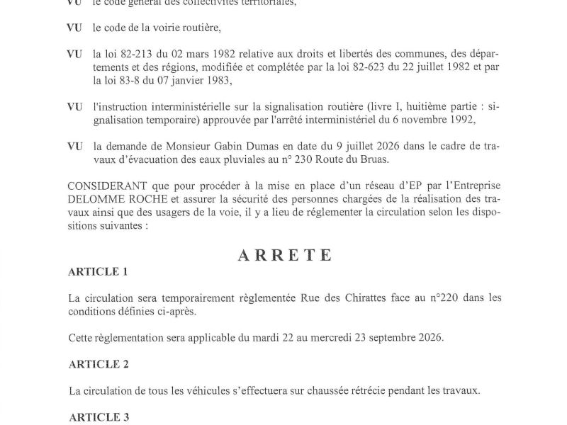 Arrêté portant réglementation de la circulation