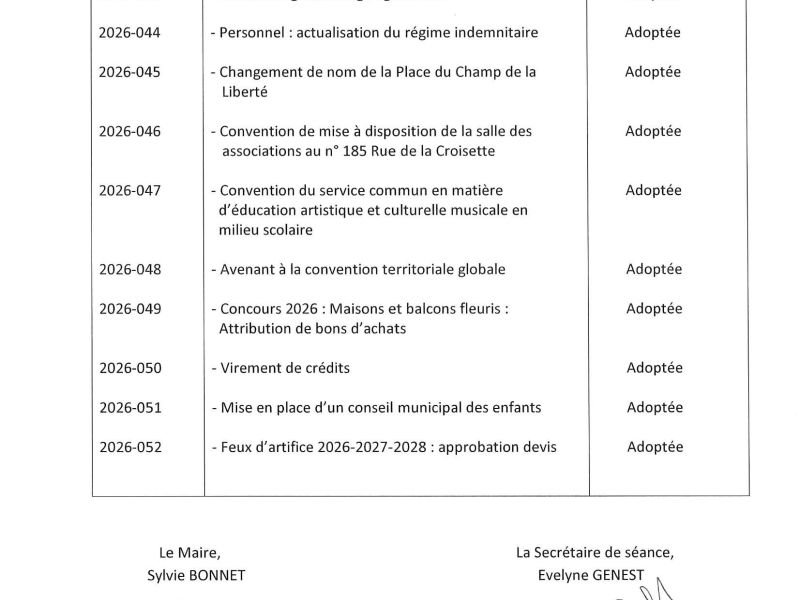 Liste des délibérations prises lors de la séance du Conseil Municipal du 15 septembre 2026