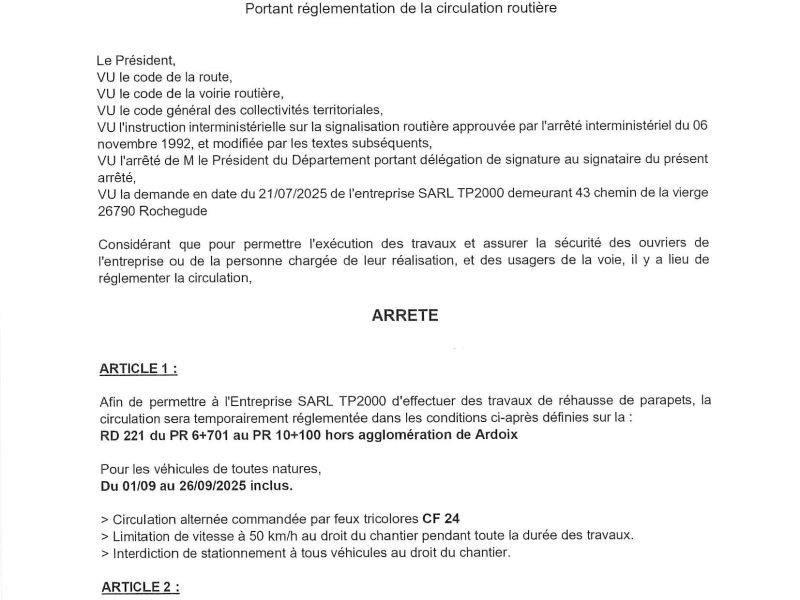 Arrêté règlementant la circulation RD 221