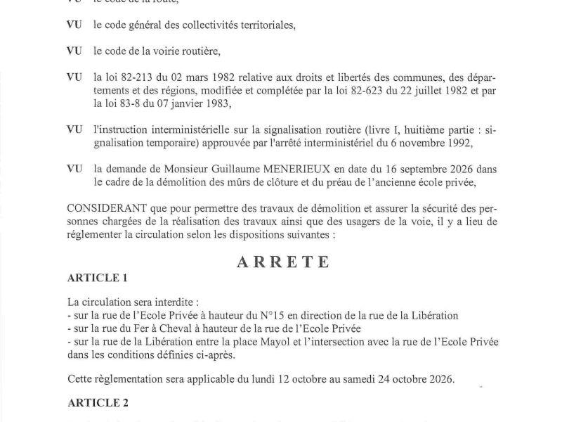 Arrêté portant réglementation de la circulation
