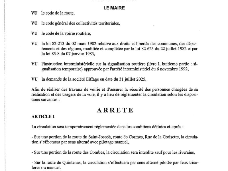 Arrêté portant règlementation de la circulation