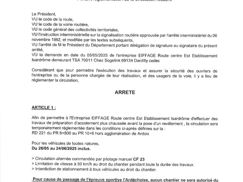Arrêté portant réglementation de la circulation du 26 mai au 24 juin 2025 hors agglomération