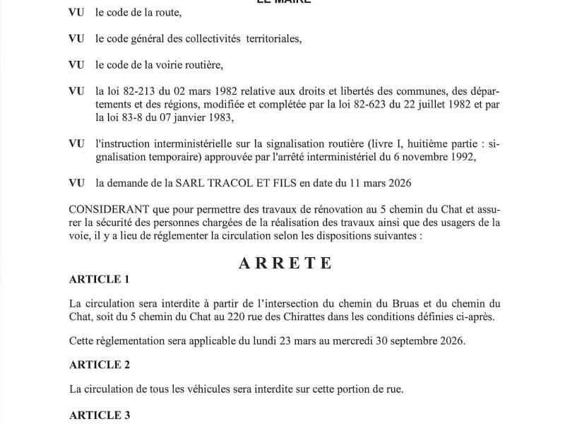 Arrêté portant réglementation de la circulation