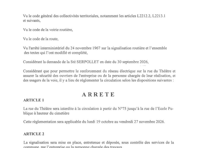 Arrêté portant réglementation de la circulation
