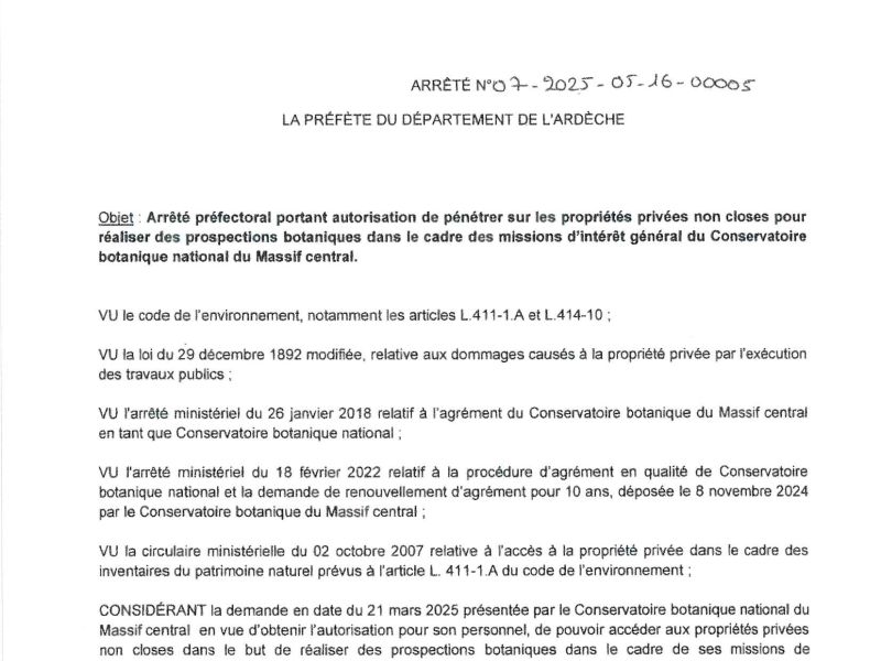 Arrêté préfectoral portant autorisation de pénétrer sur les propriétés privées non closes...