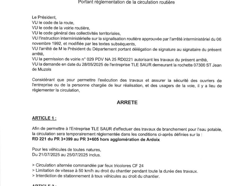 Arrêté préfectoral portant réglementation de la circulation routière
