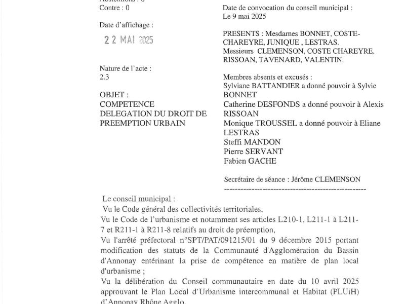 Délibération compétence délégation du droit de préemption urbain