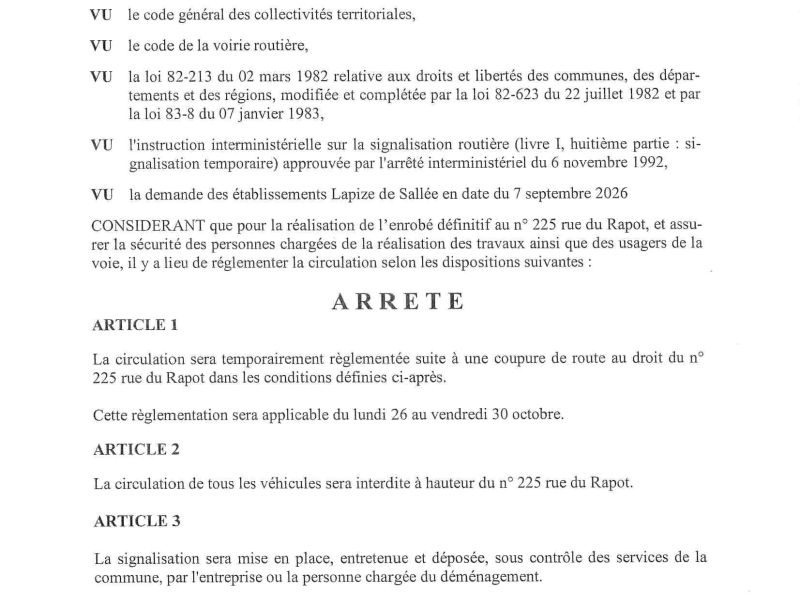 Arrêté portant réglementation de la circulation