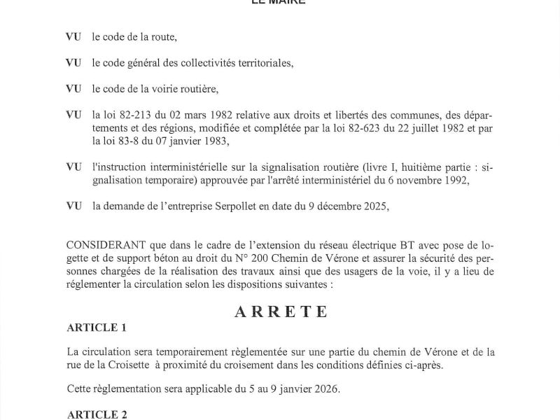 Arrêté portant réglementation de la circulation