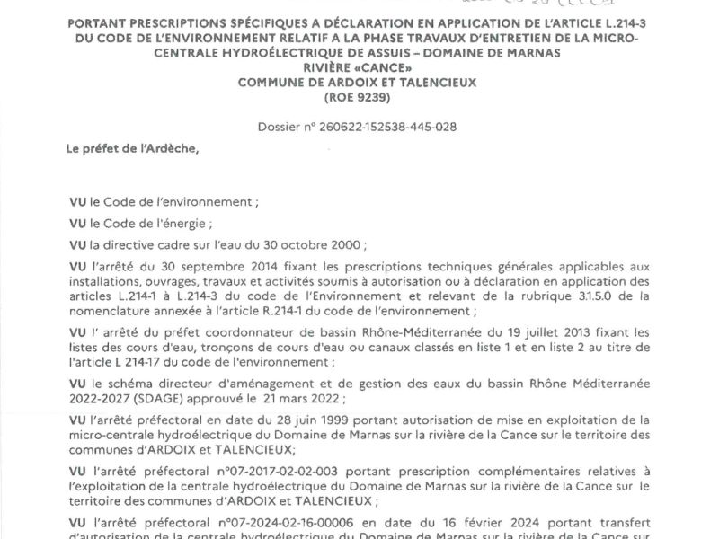 Arrêté portant prescriptions spécifiques
