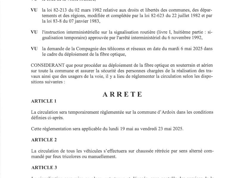 Arrêté portant réglementation de la circulation du 19 au 23 mai 2025 sur la Commune
